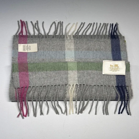 Coach Gray Plaid Wool Scarf with Fringe - Picture 2 of 2